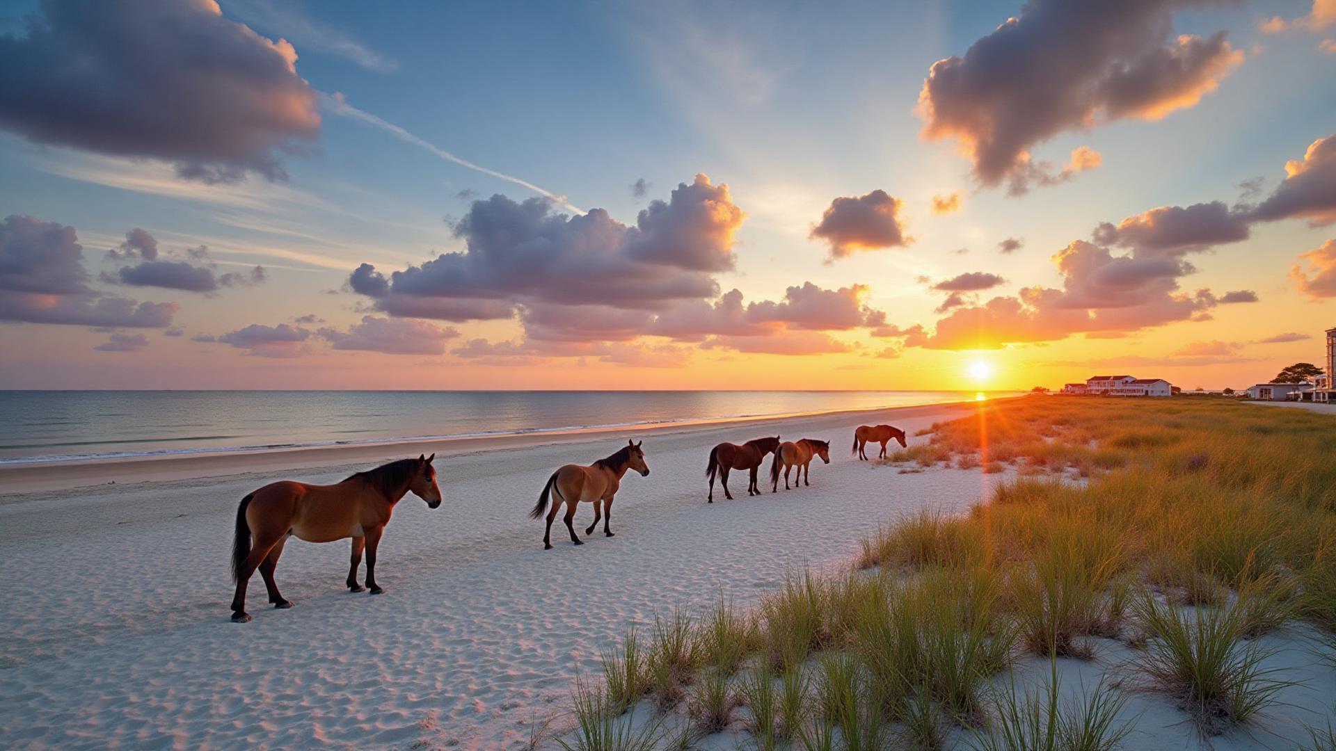 Beautiful Chincoteague Island coastline with wild ponies at sunset